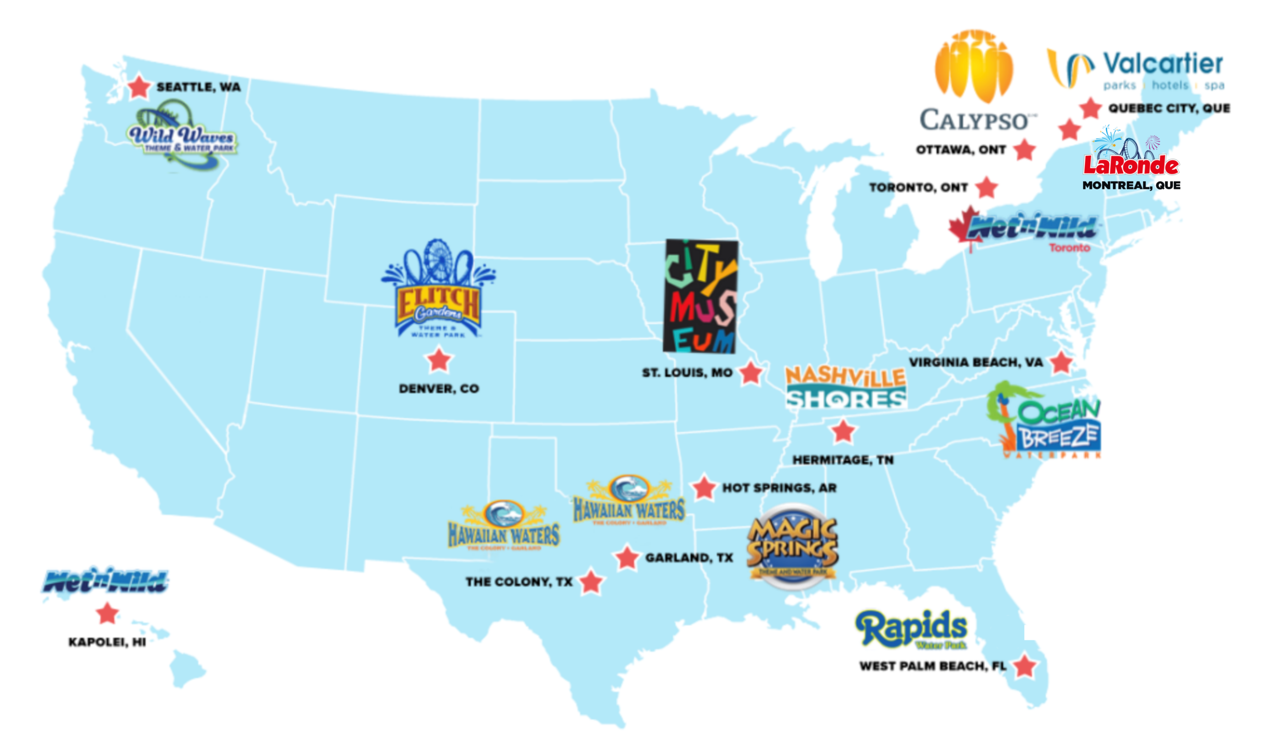Map of Premier Parks locations, including La Ronde in Montreal and Wild Waves